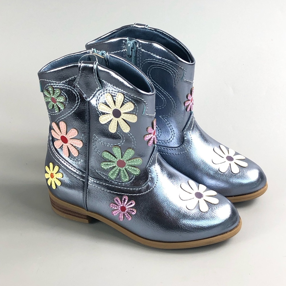 wonder nation Metallic Blue Girls' Floral Accent Cowboy Boots Size 10